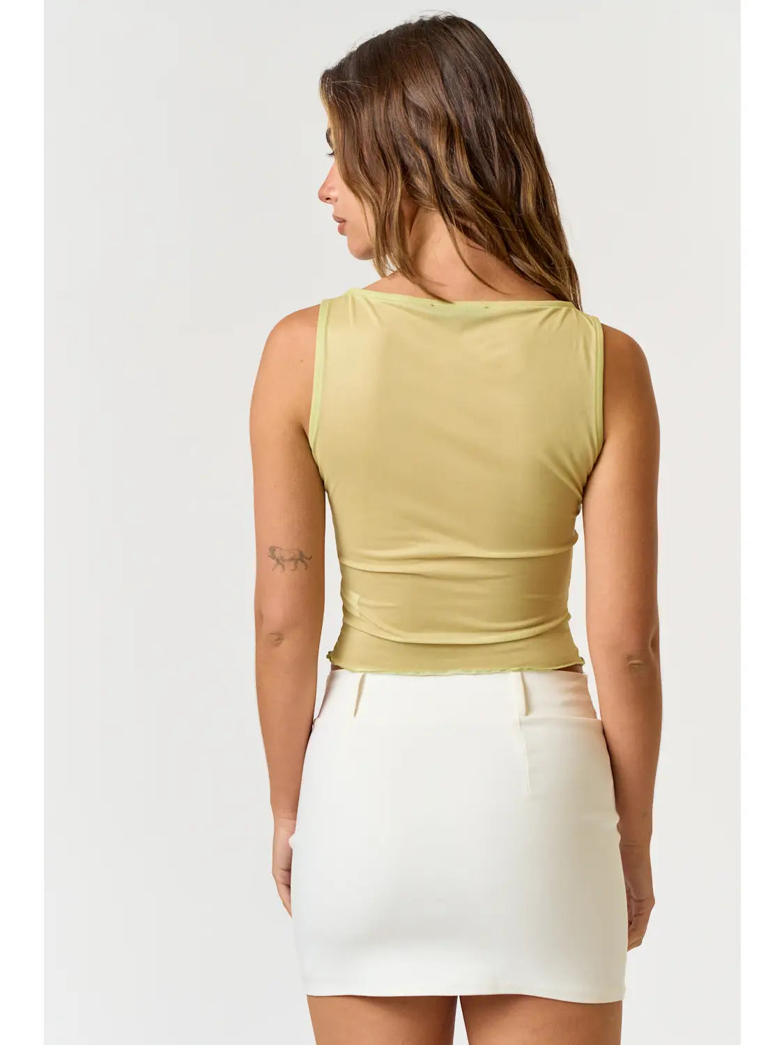 Printed Mesh Boat Neck Sleeveless Crop Top