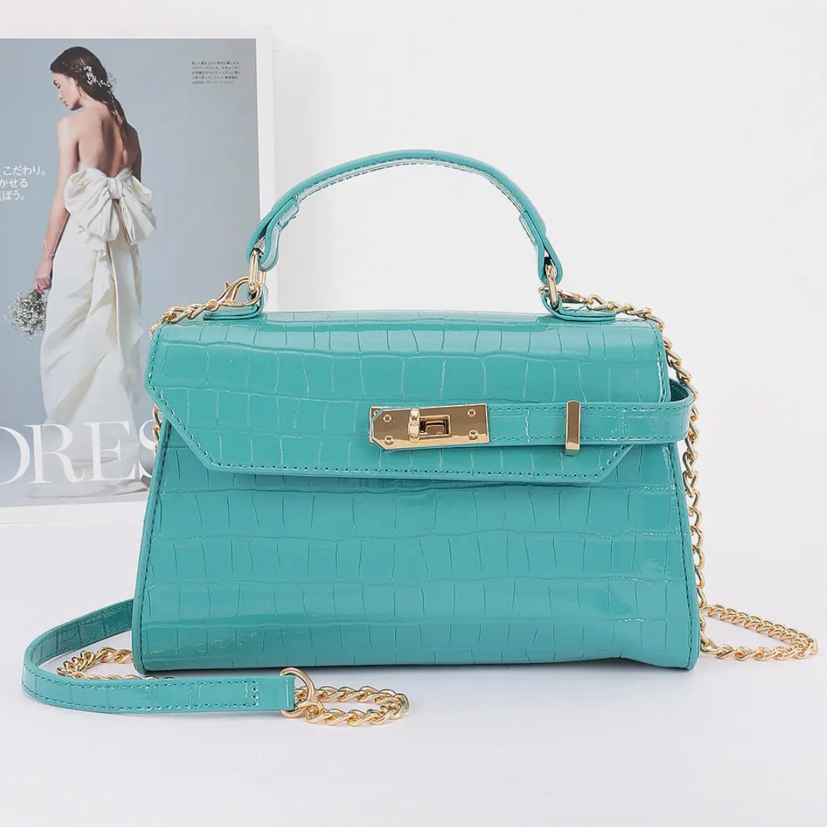 Faux Croc Top Handle Crossbody Bag