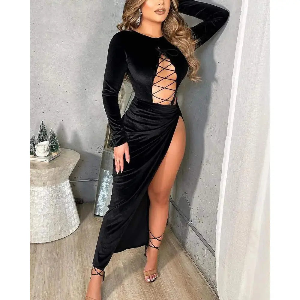 Velvet Lace Up High Split Bodycon Dress