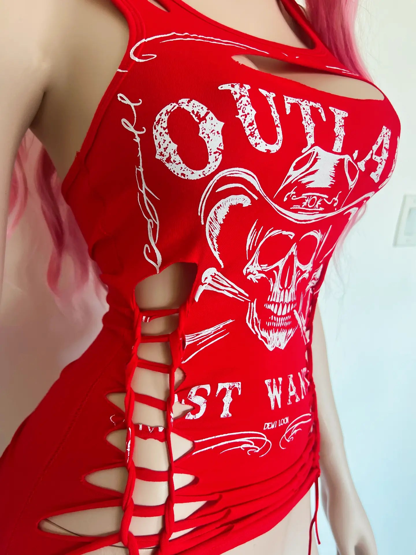 Outlaw Skull Graphic Biker Cowgirl Slashed Tank Top