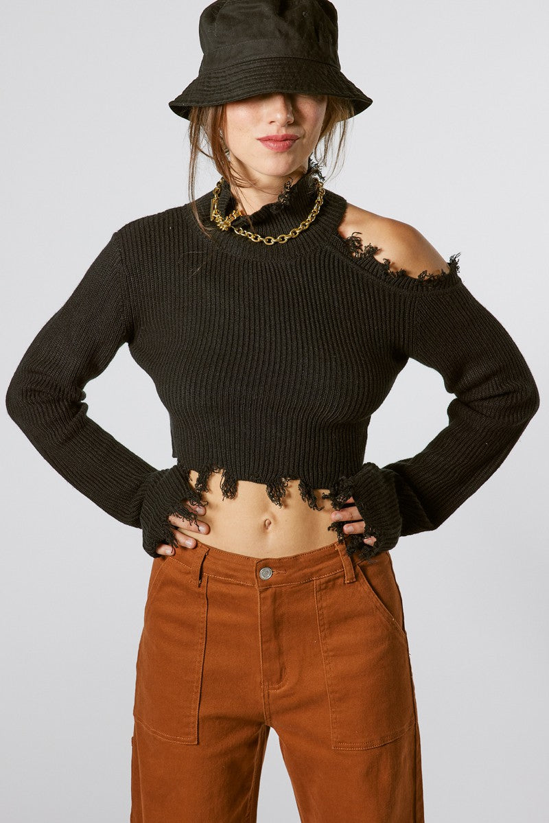 Distressed Cold Shoulder Long Sleeve Sweater