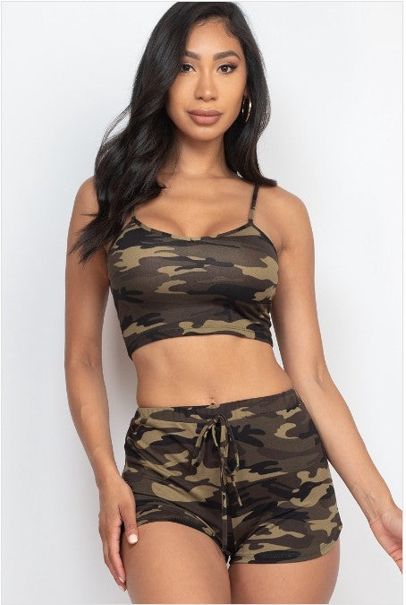 Camo printed crop top and shorts set