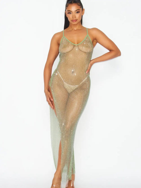 Forget You Fishnet Rhinestone Cover Up Maxi Dress