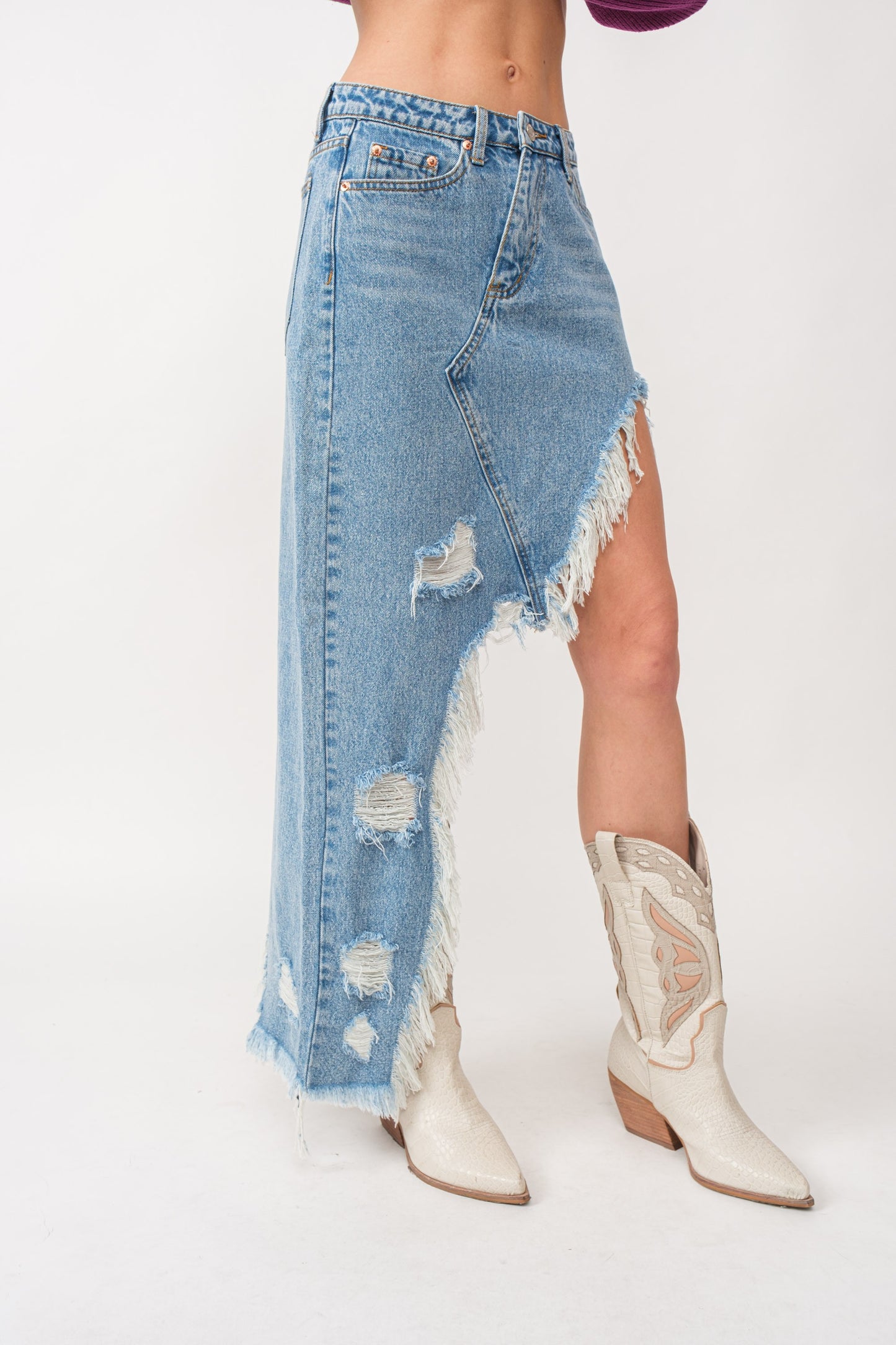 Asymmetrical Frayed Denim Skirt