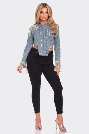 Rhinestone Long Sleeve Denim Jacket