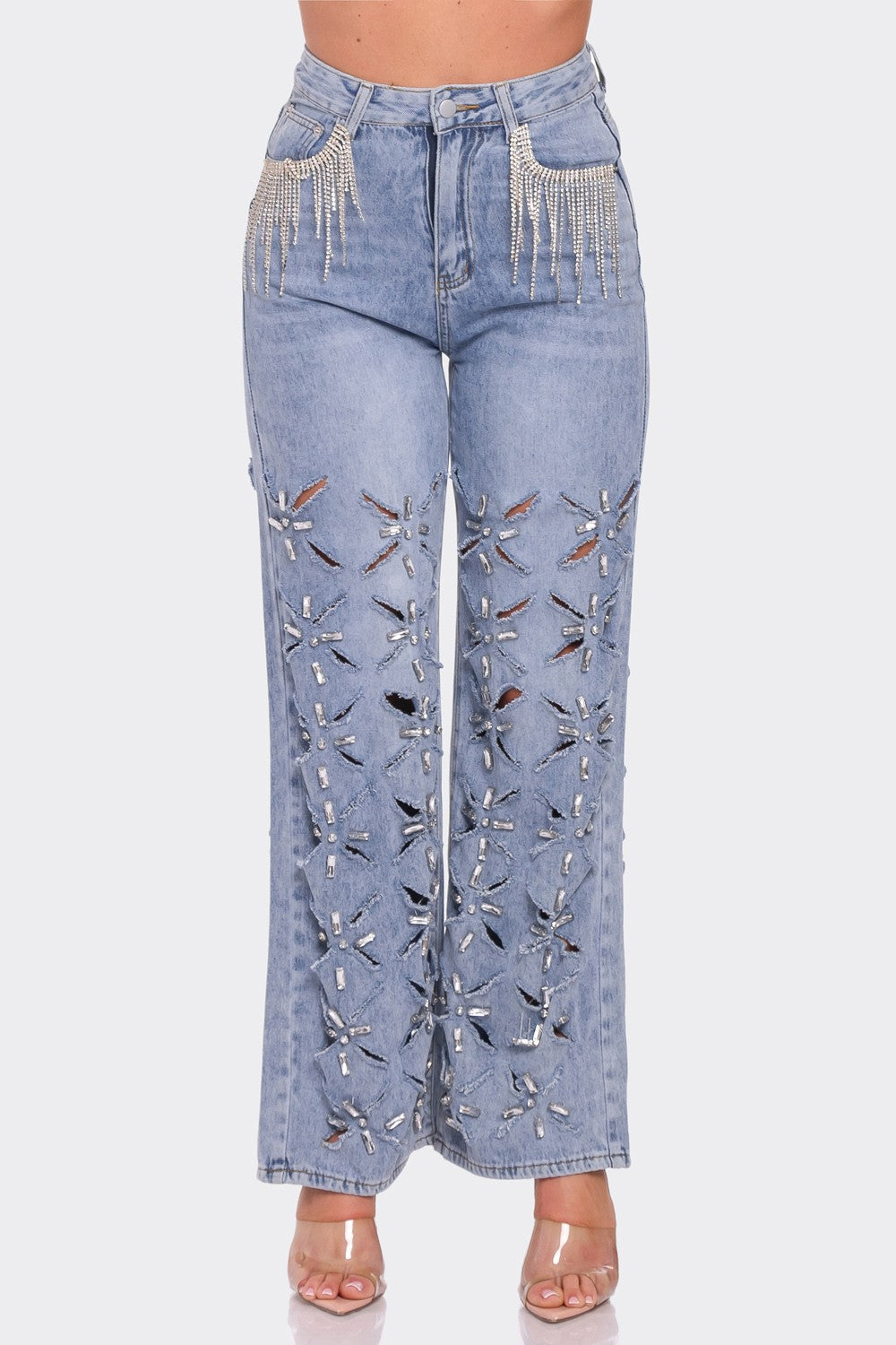 High Waist Rhinestone Embellished Jeans
