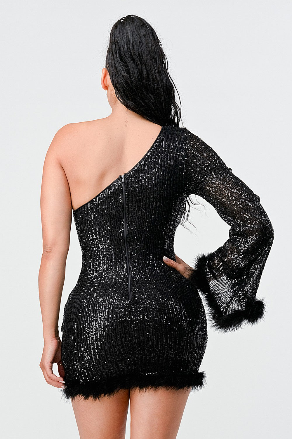 Fur Trim One Shoulder Sequin Dress