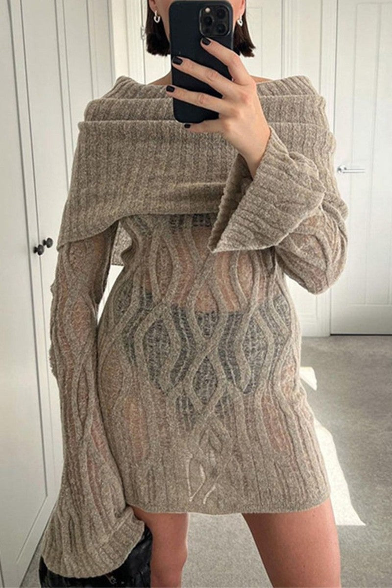 Off Shoulder Knitted Long Sleeve Mini Dress