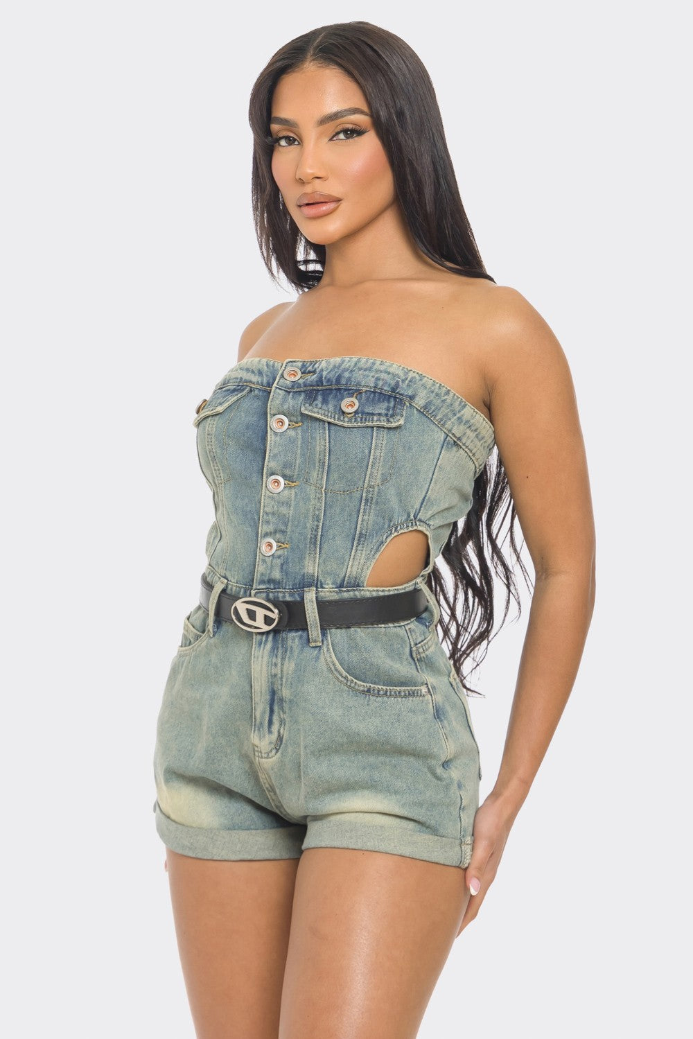 Strapless Denim Cutout Romper