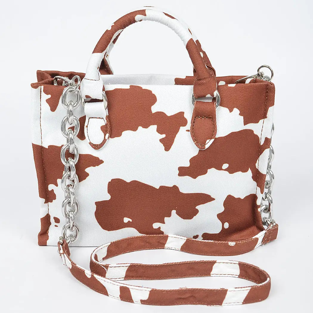 Cow Printed White Denim Med Tote Bag