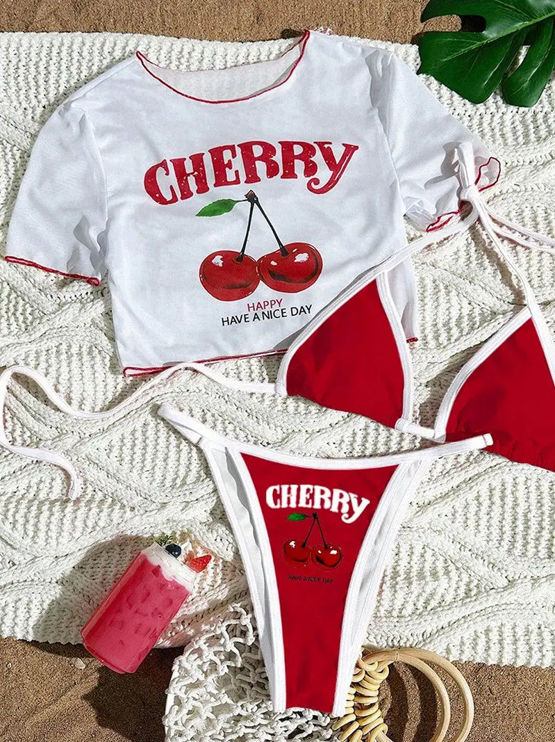 Cherry Print Bikini Set with Cover-Up