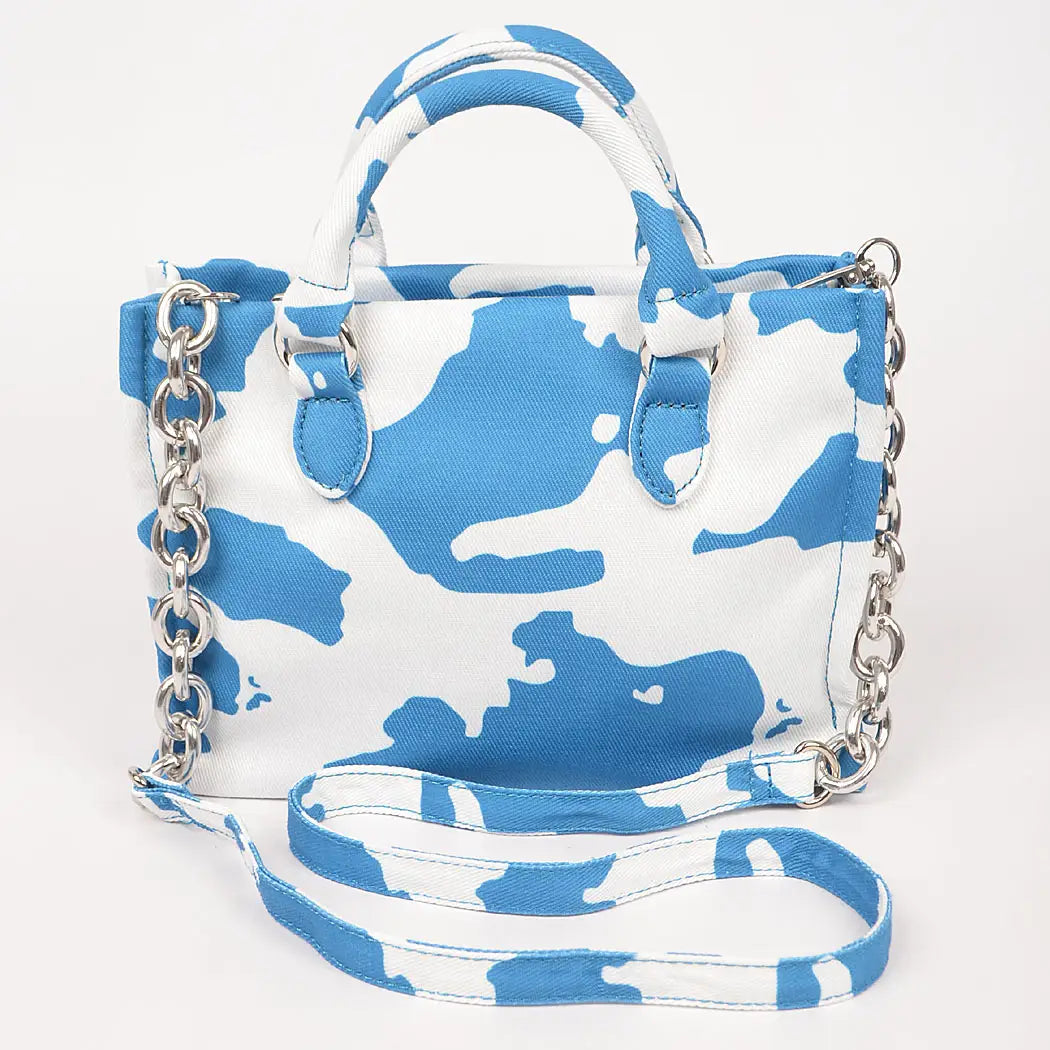 Cow Printed White Denim Med Tote Bag