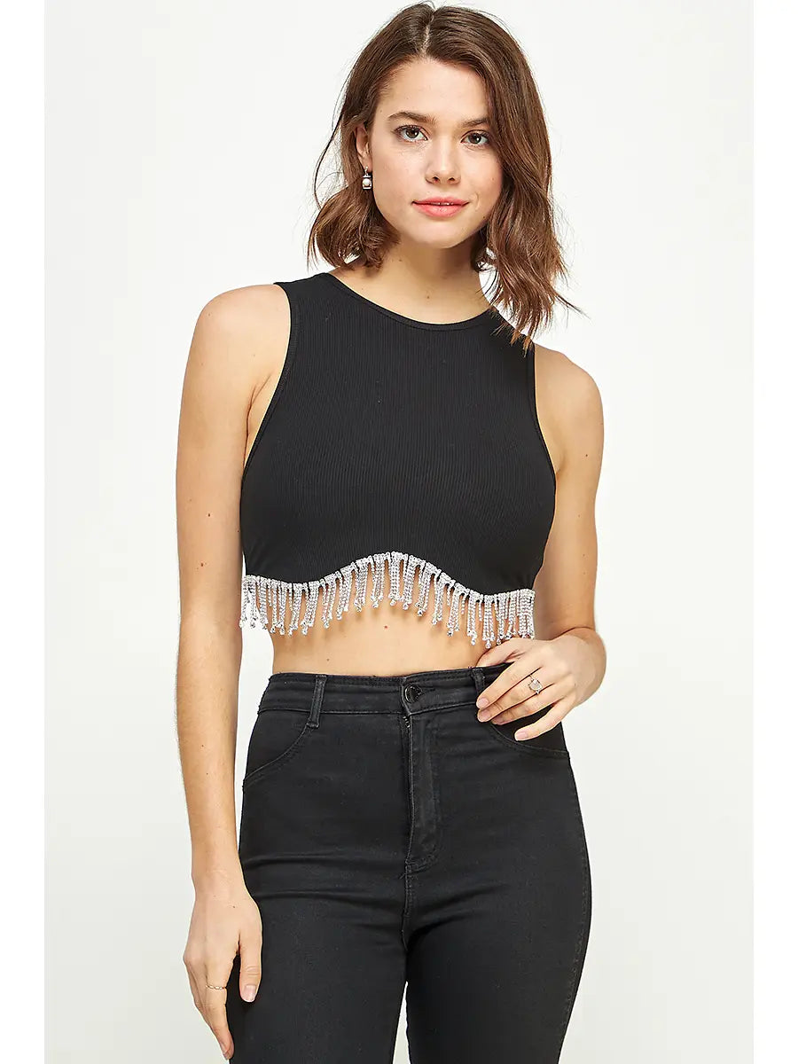 Cropped Tank Top w Rhinestone Fringe