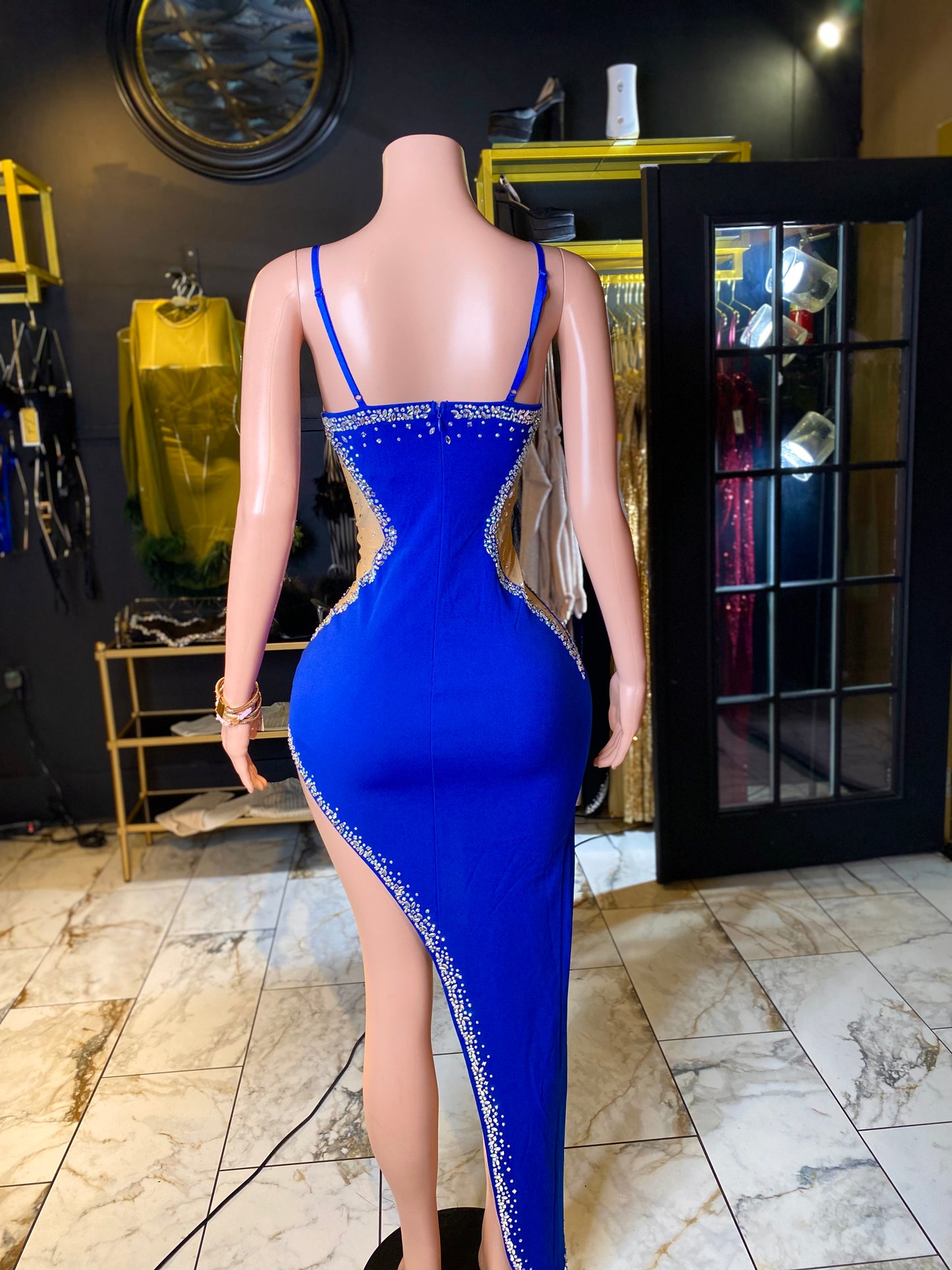 Embellished Mesh Asymmetrical Evening Dress