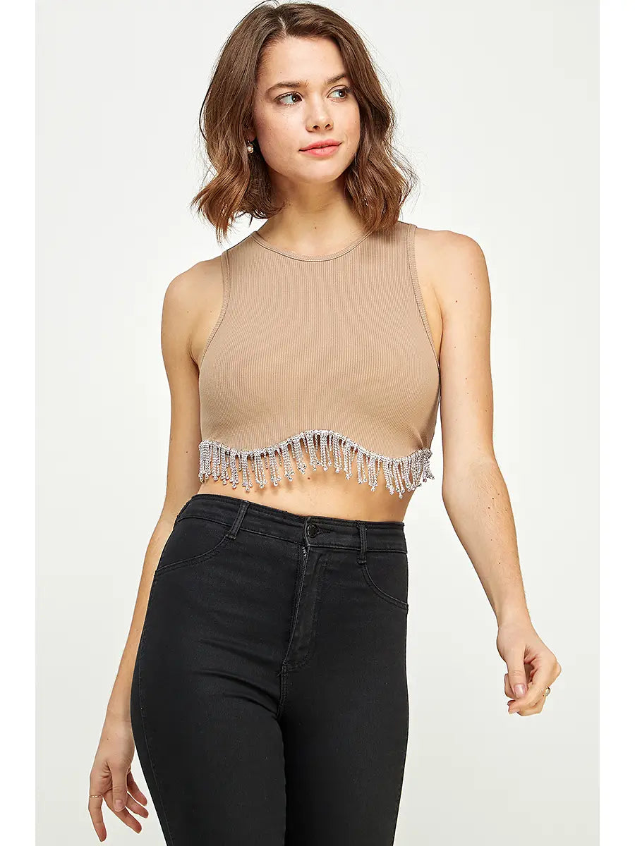 Cropped Tank Top w Rhinestone Fringe