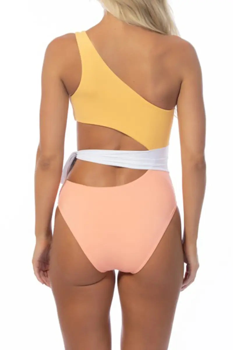 Color Blocking One Shoulder One Piece Swimsuit