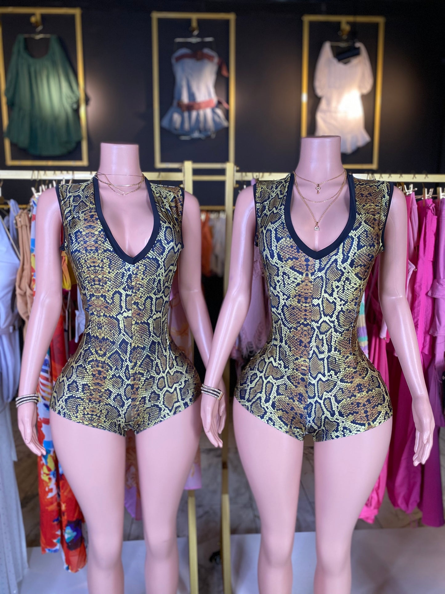 snake print shorts romper