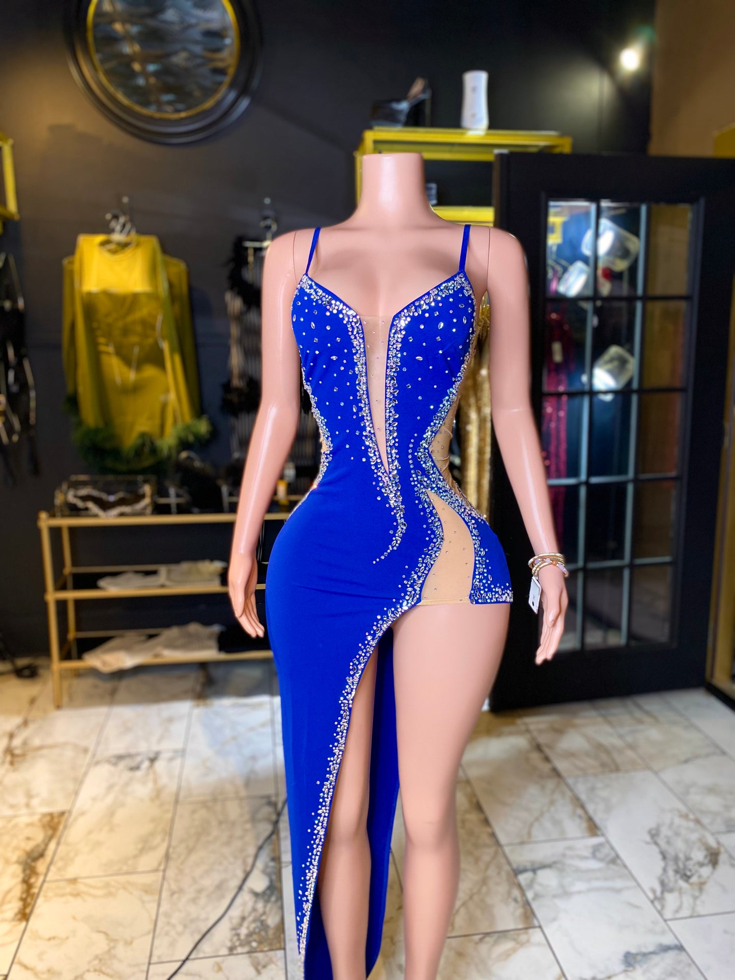 Embellished Mesh Asymmetrical Evening Dress