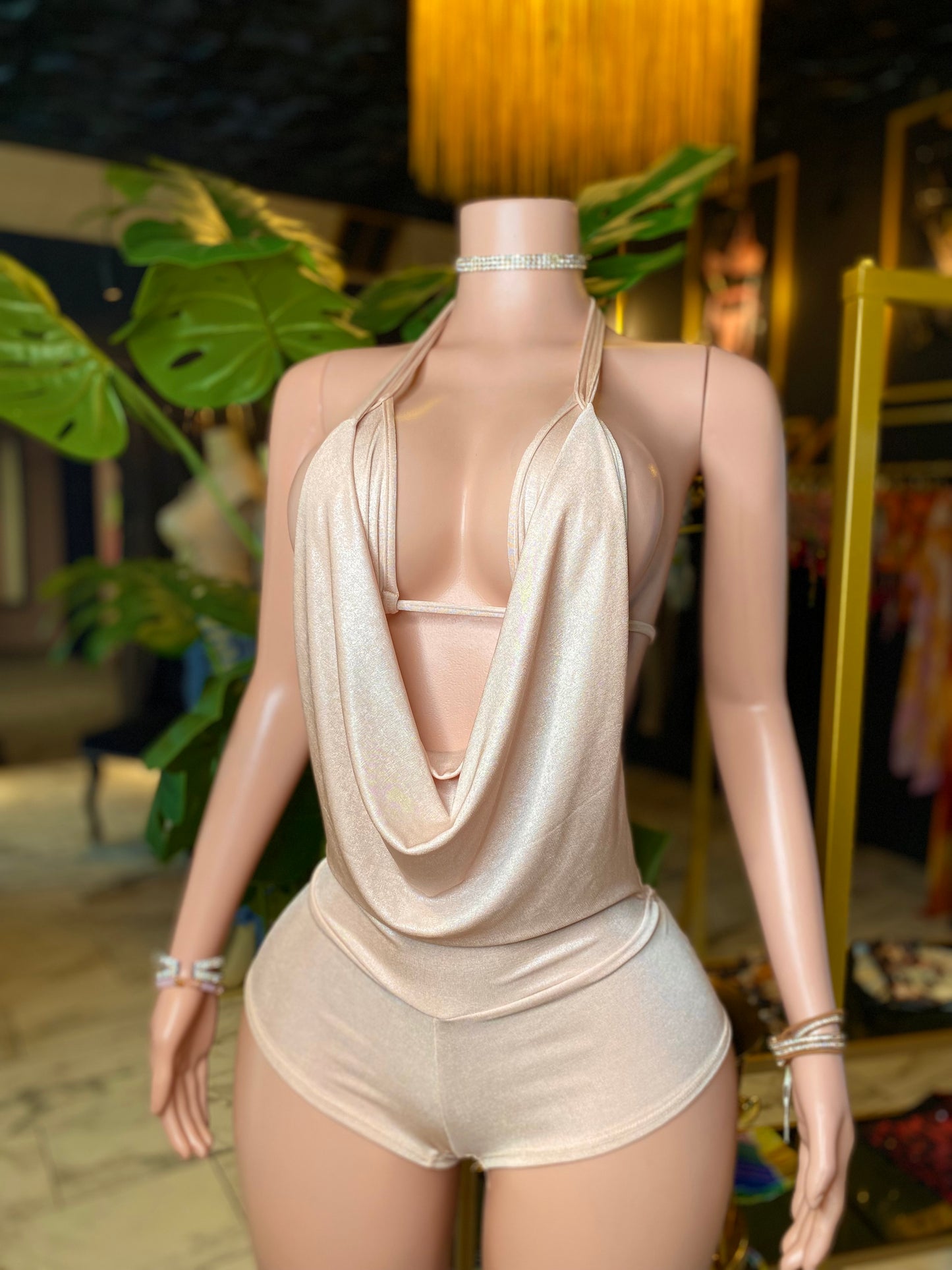 Cowl neck romper with bikini top