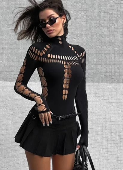 Mock Neck Long Sleeve Laser Cut Romper