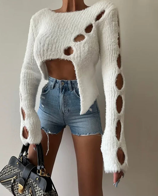 Holey Long Sleeve Asymmetrical Bottom Sweater