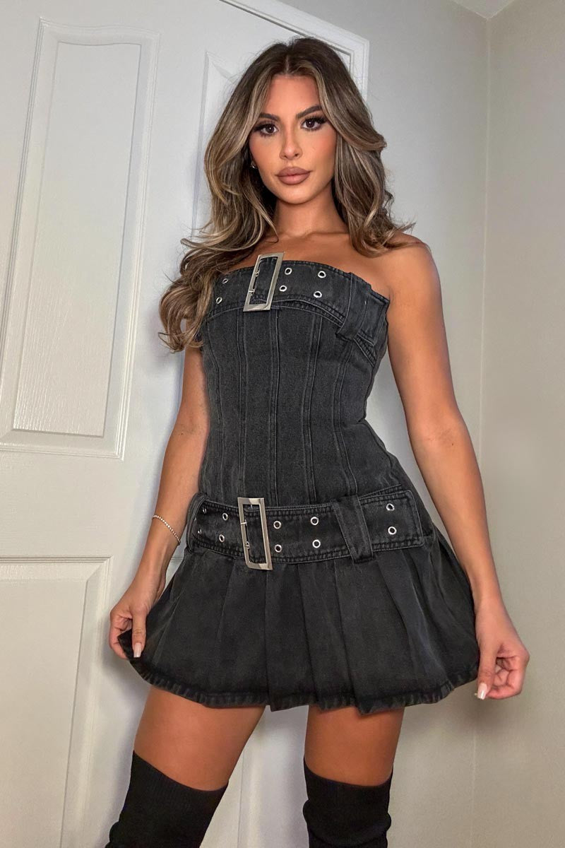 Denim Belted Pleated Mini Dress