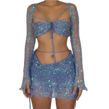 Sequins Knitted Beach Skirt Three Piece Set