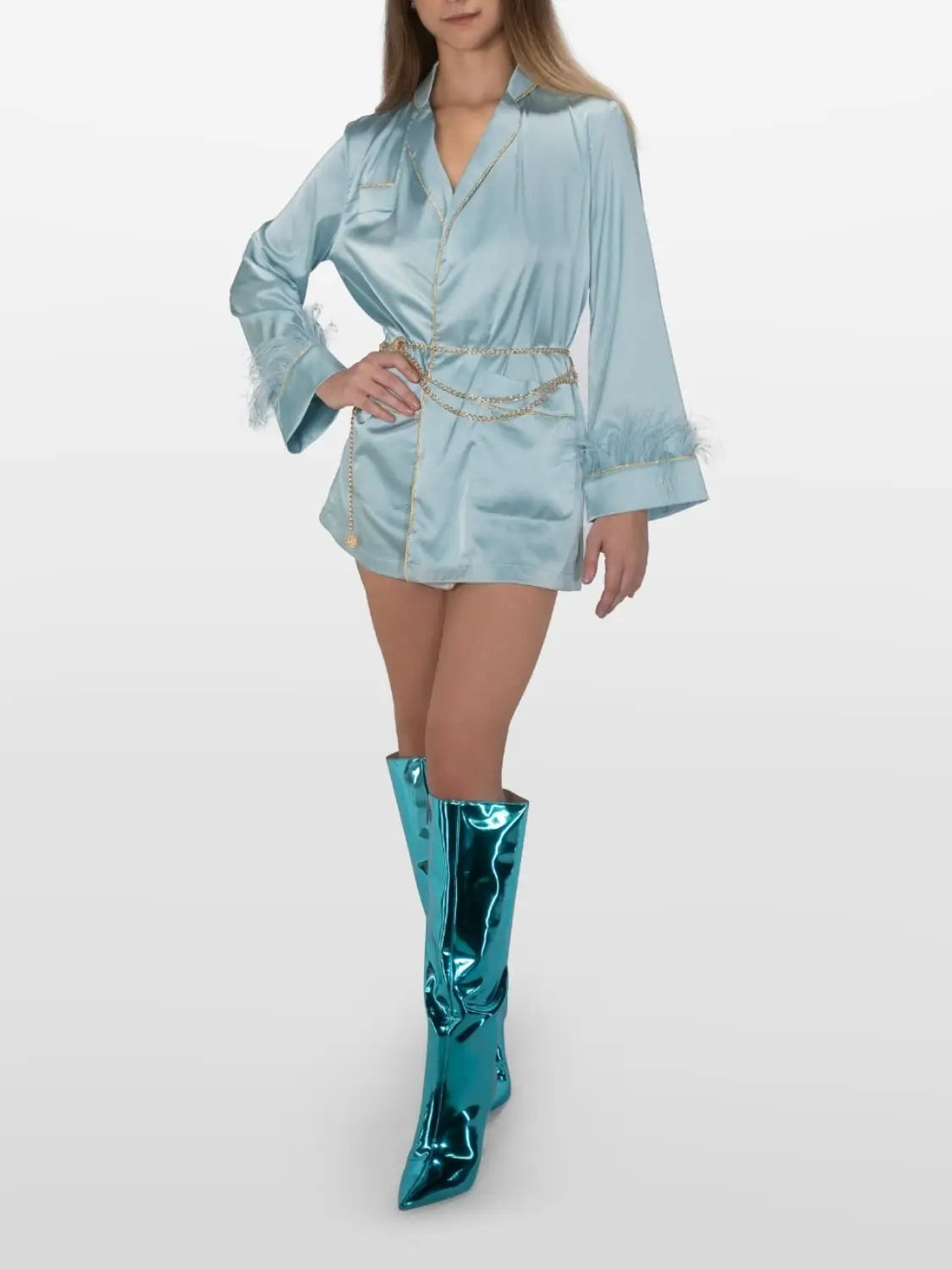 Belize Satin Robe with Feathers