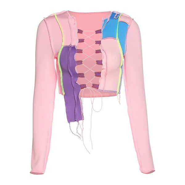 Contrast Color Asymmetric Cut Long Sleeve Crop Top