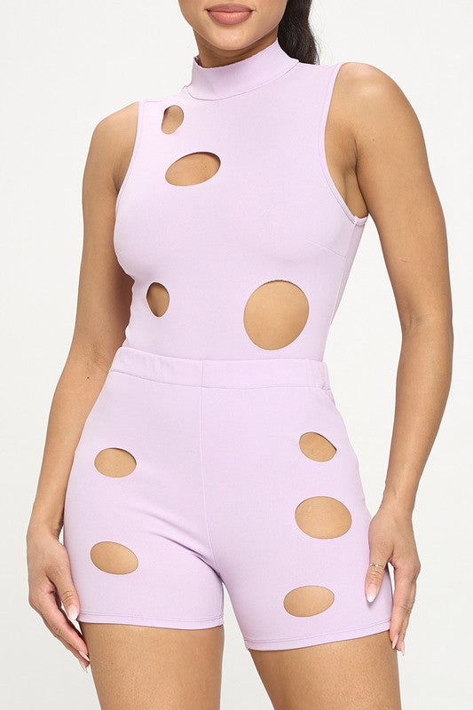 Circle cutout bodysuit and biker shorts set