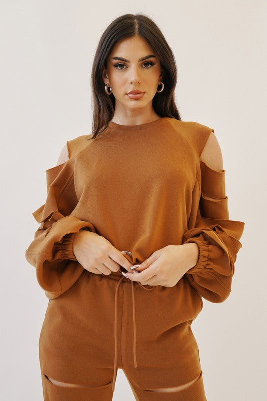 Slashed sleeves fleece sweatshirt