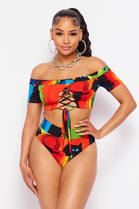 Multi Color Lace Up Swim Set