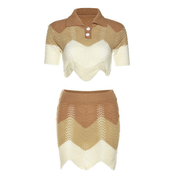 Multi-color Knitted Polo Neck Tops Skirt Suit