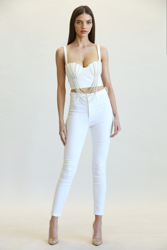 Corset Style Tank with Pearl and Rhinestone Chain