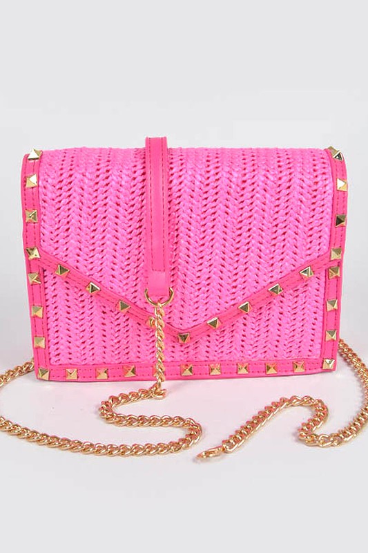 Studded Faux Straw Crossbody Bag