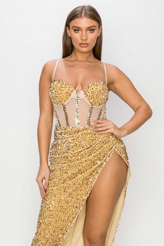 Velvet with Sequin Strappy Dress with Sheer Inset