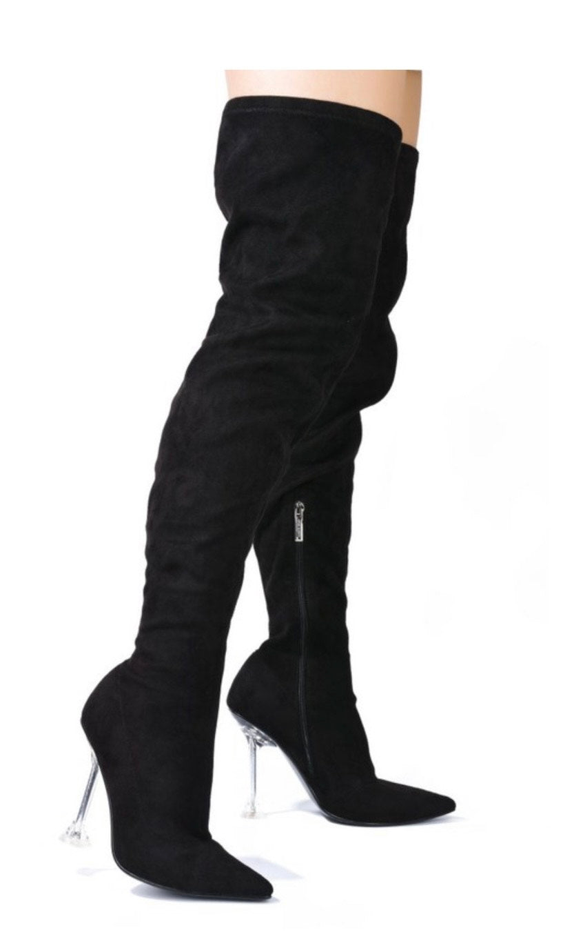 Vegan Leather Clear Heel Thigh High Boots