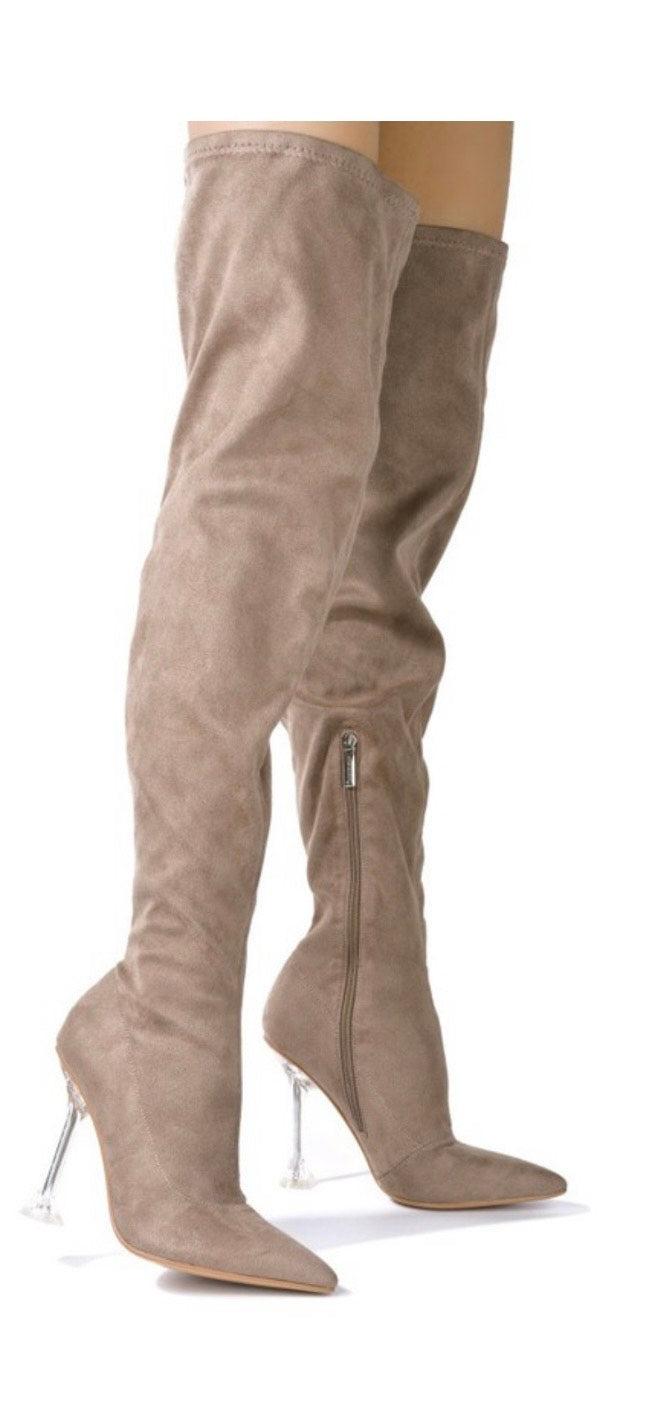 Vegan Leather Clear Heel Thigh High Boots