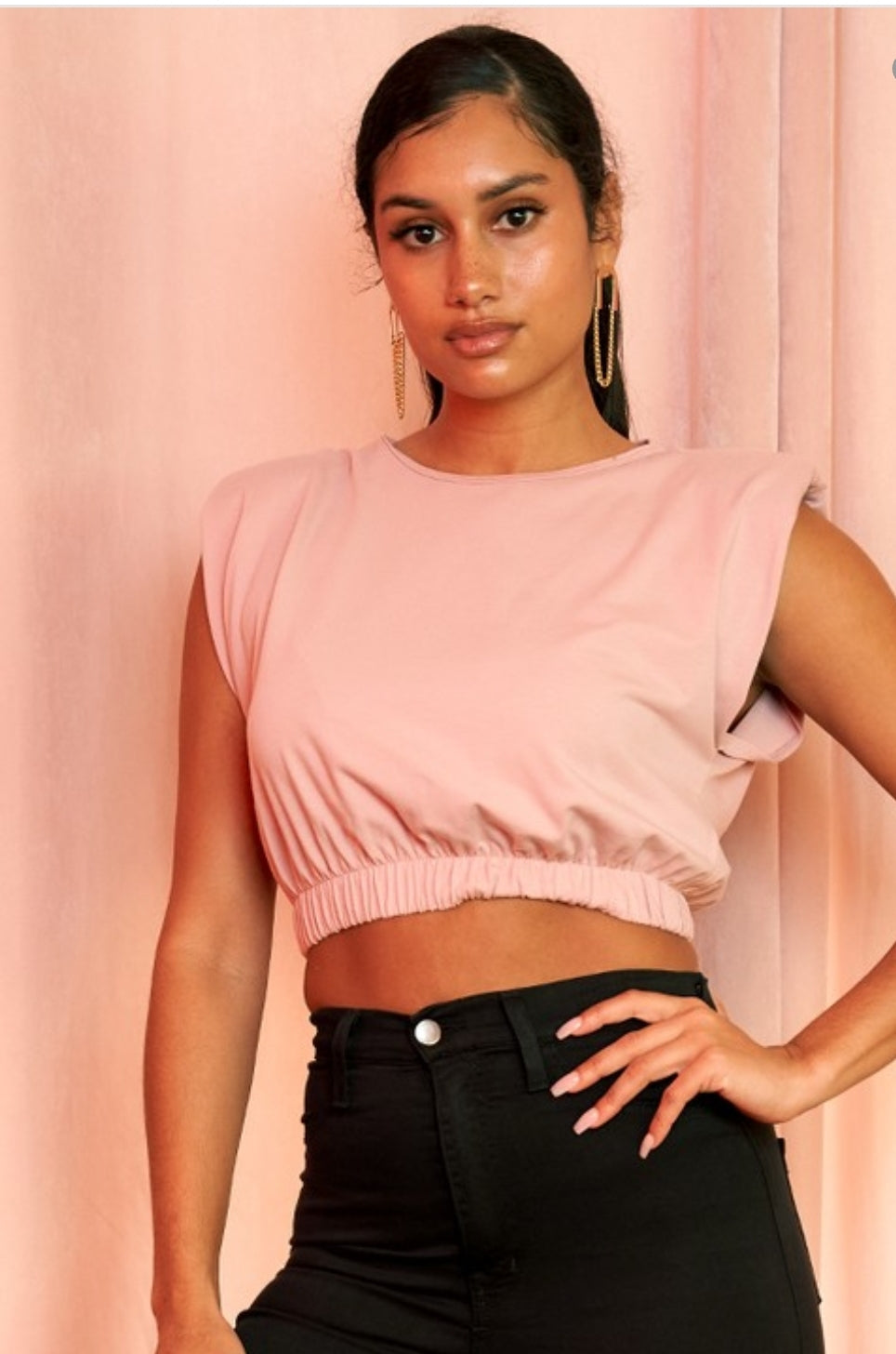 Shoulder Pad Round Neck Crop Top