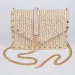 Studded Faux Straw Crossbody Bag