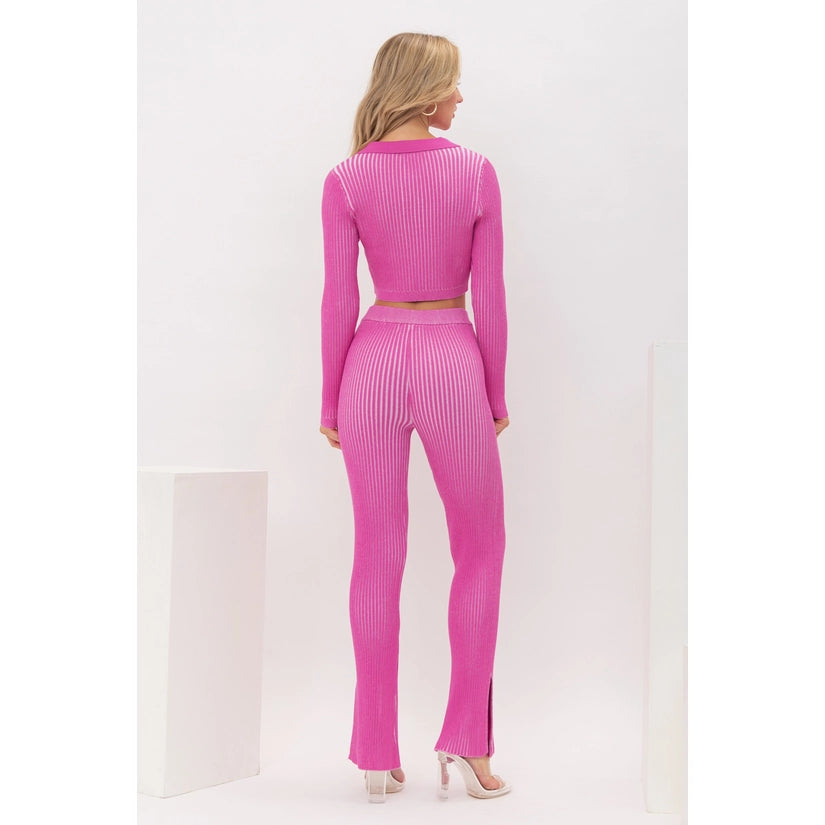 Two Tone Ribbed Collar Crop Top and Slit Bottom Pant Set