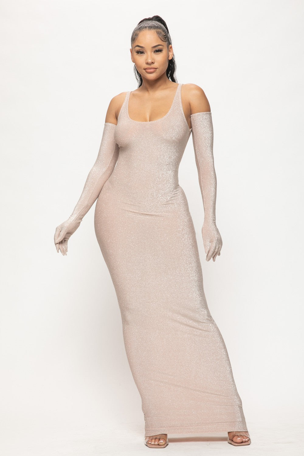 Metallic Maxi Dress w Glove Sleeves