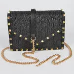 Studded Faux Straw Crossbody Bag