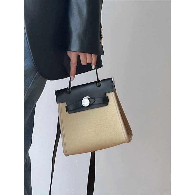 Canvas Top Handle Lock Bag Vegan Leather