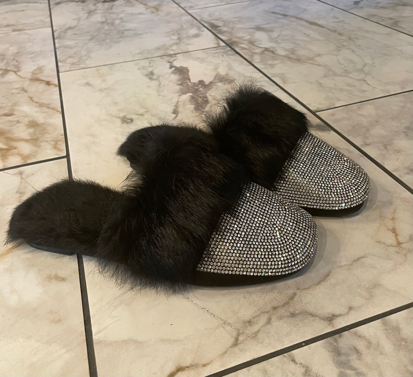 Fur lined rhinestone slippers