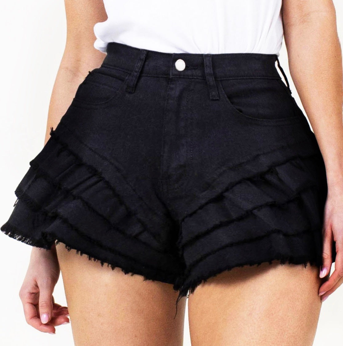Coated Stretch Denim Layered Shorts with Ruching and Fringe