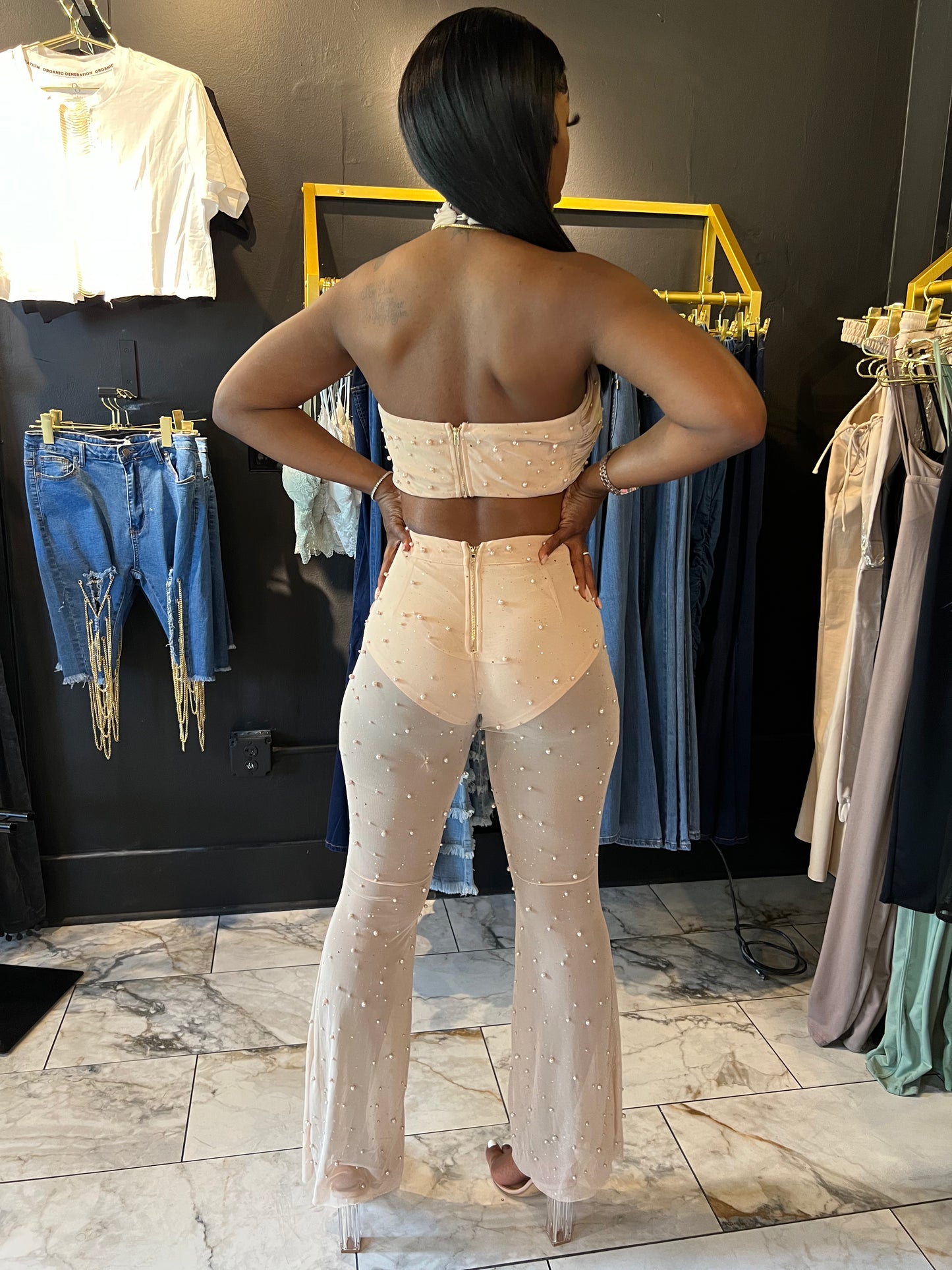 Nude Mesh Cross Halter & Pant w/ Pearls