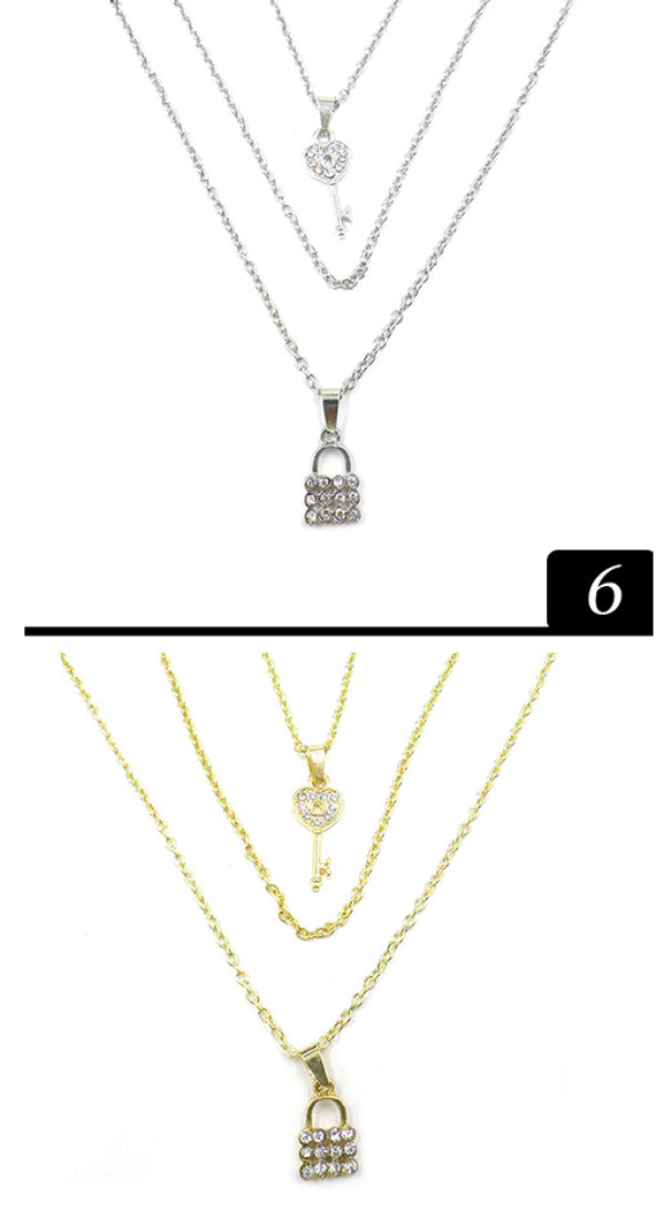 Key Lock Pendant Triple Layered Necklace