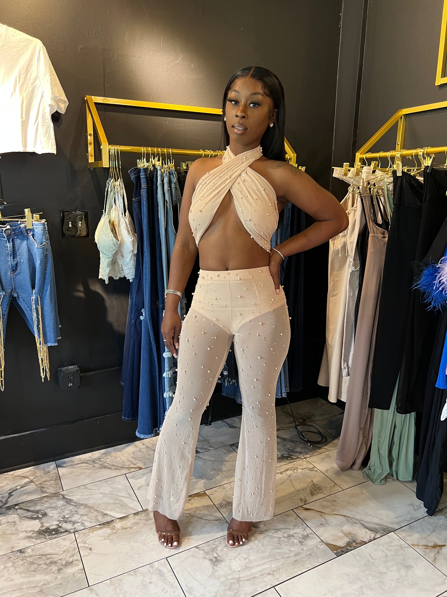 Nude Mesh Cross Halter & Pant w/ Pearls
