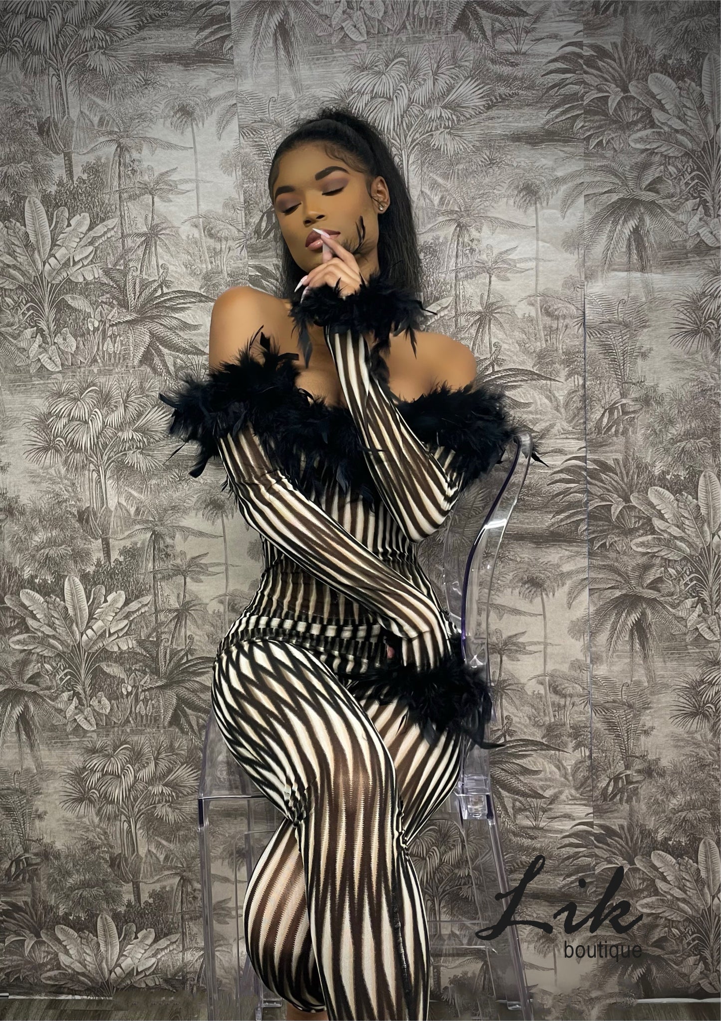 Off the Shoulder Jumpsuit w Fur Trim